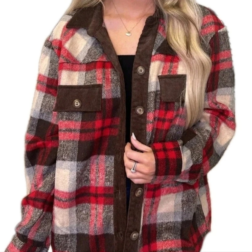 NWT Women's Flannel Shirt  SHACKET Button Down Plaid Corduroy Collar WESTERN